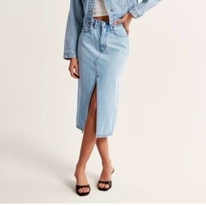 Cream Denim Midi Skirt with Front Slit
